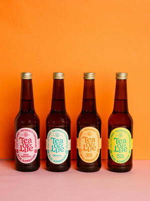 Tea of Life REAL kombucha glass bottles in classic range flavours against an orange background